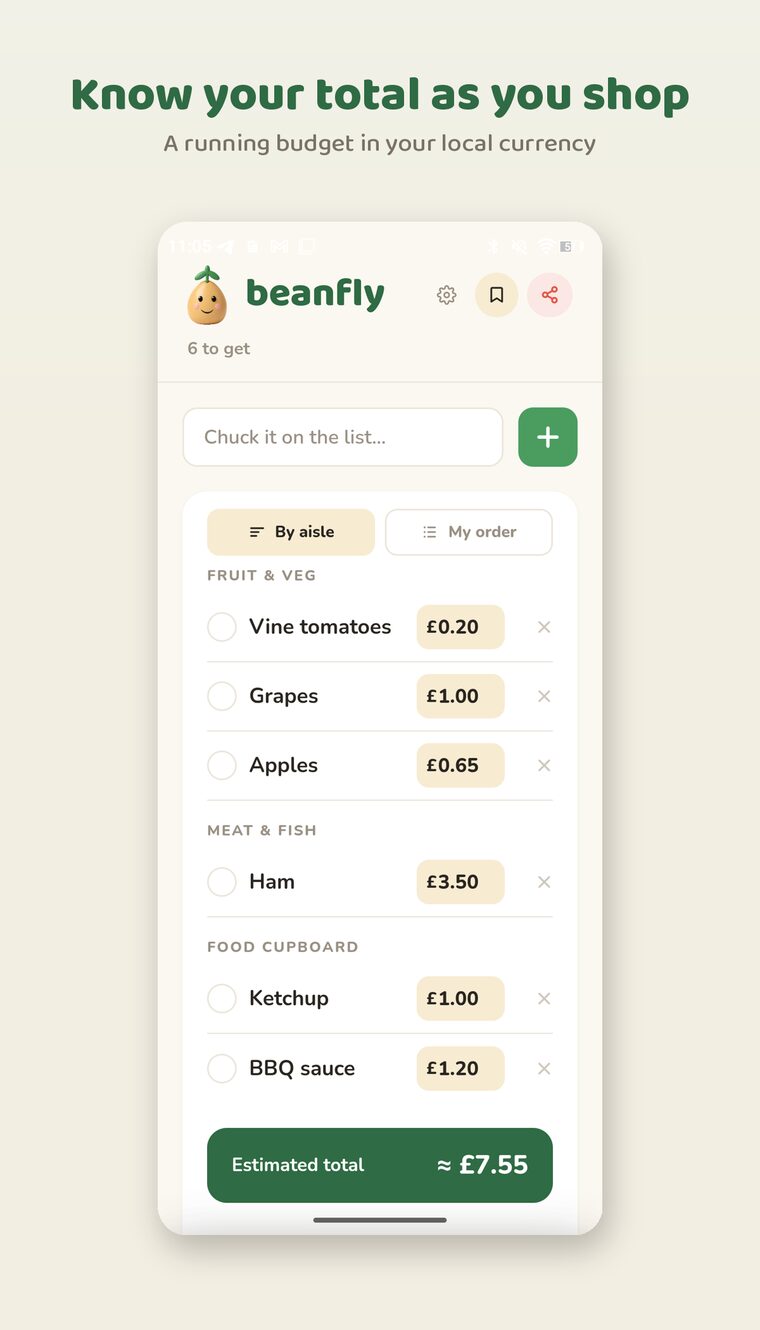 Beanfly showing a running budget total as you shop
